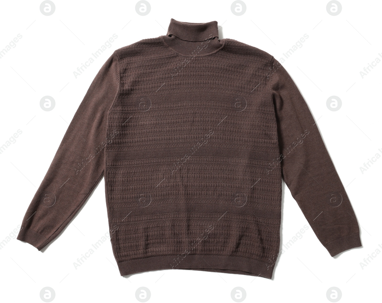 Photo of Stylish brown sweater isolated on white, top view