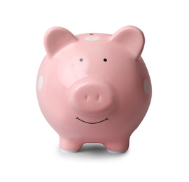 Pink piggy bank on gray background. Money saving