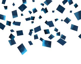 Image of Shiny blue confetti falling on white background