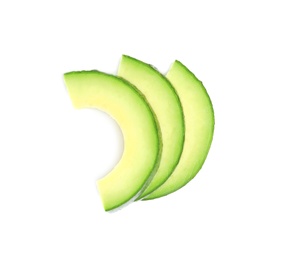 Slices of avocado on white background