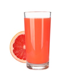 Photo of Tasty grapefruit juice in glass and half of fresh fruit isolated on white