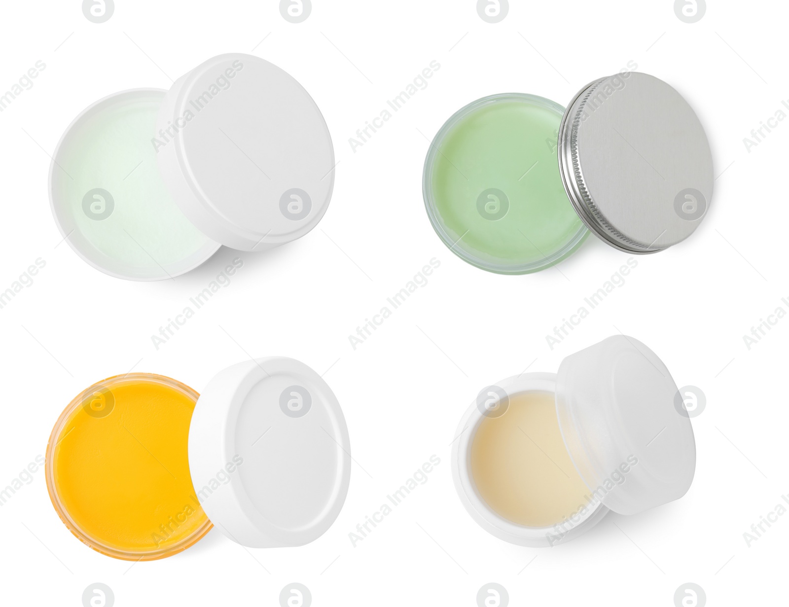 Image of Collage with different petroleum jellies in jars on white background, top view. Cosmetic petrolatum