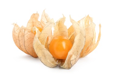 Photo of Ripe physalis fruits with dry husk on white background