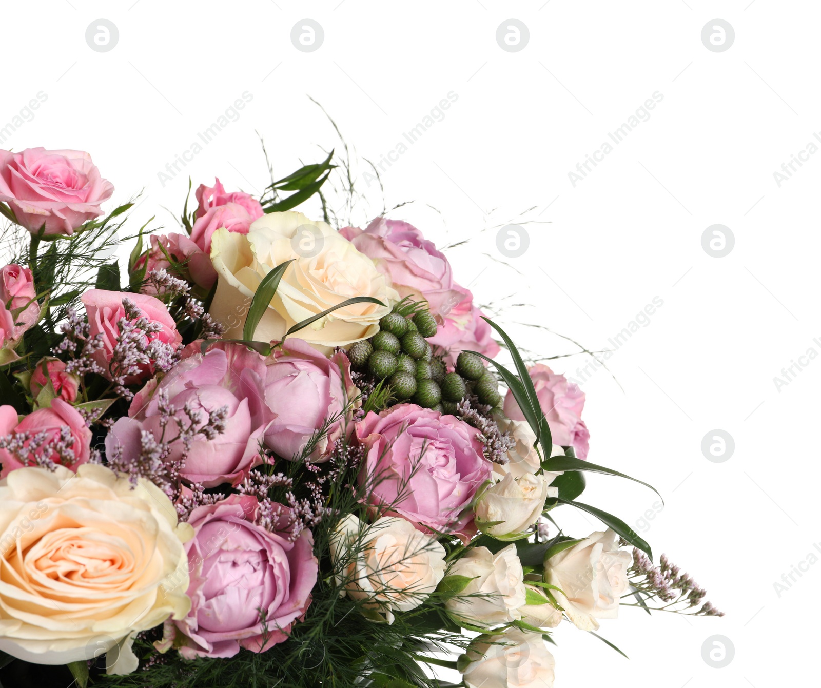 Photo of Beautiful bouquet with roses on white background. Space for text