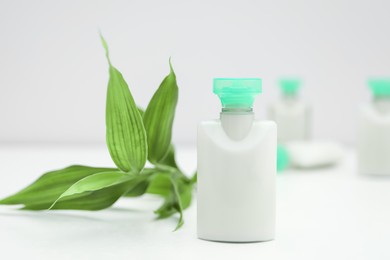 Photo of Mini bottle of cosmetic product and green branch on light background