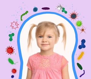 Image of Strong immunity as shield protecting little girl from viruses and bacteria, illustration