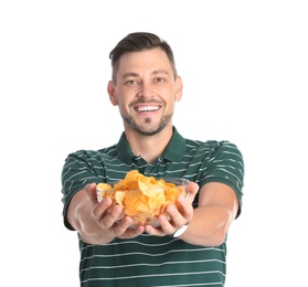 Photo of Man with bowl of potato chips on white background