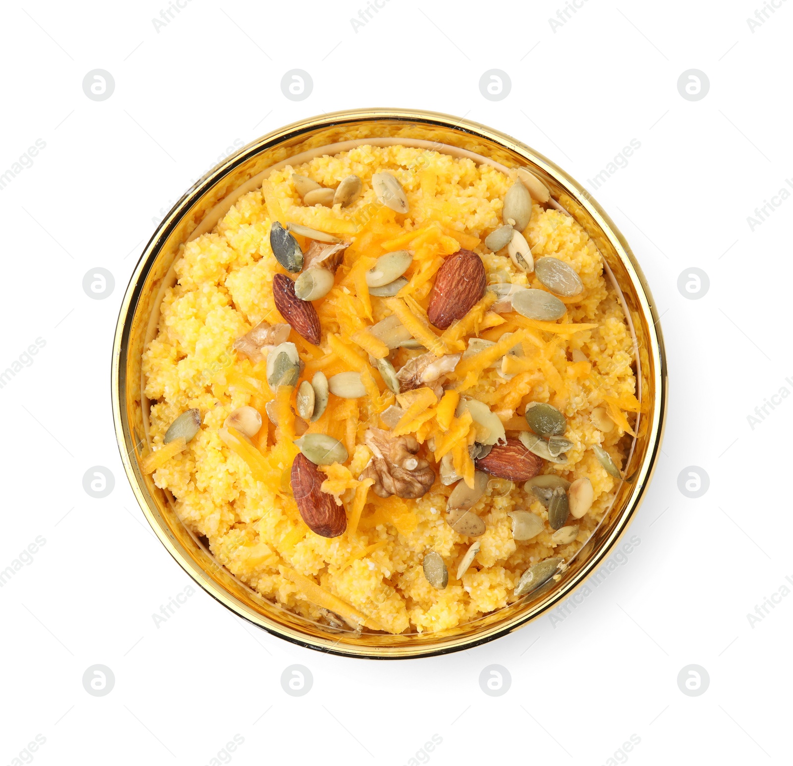 Photo of Tasty cornmeal with nuts, pumpkin and seeds in bowl isolated on white, top view