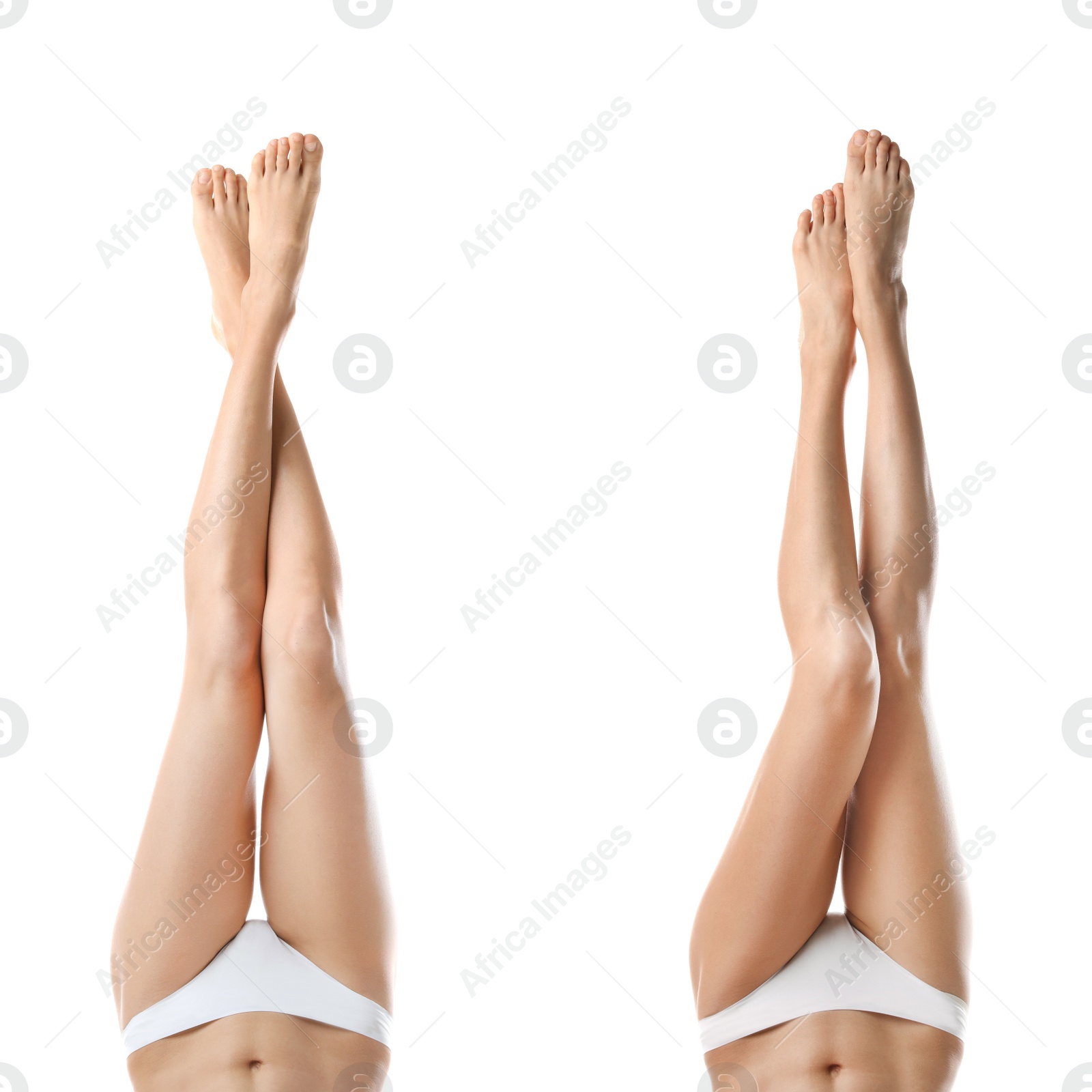 Image of Photos young woman with long legs after epilation on white background, closeup