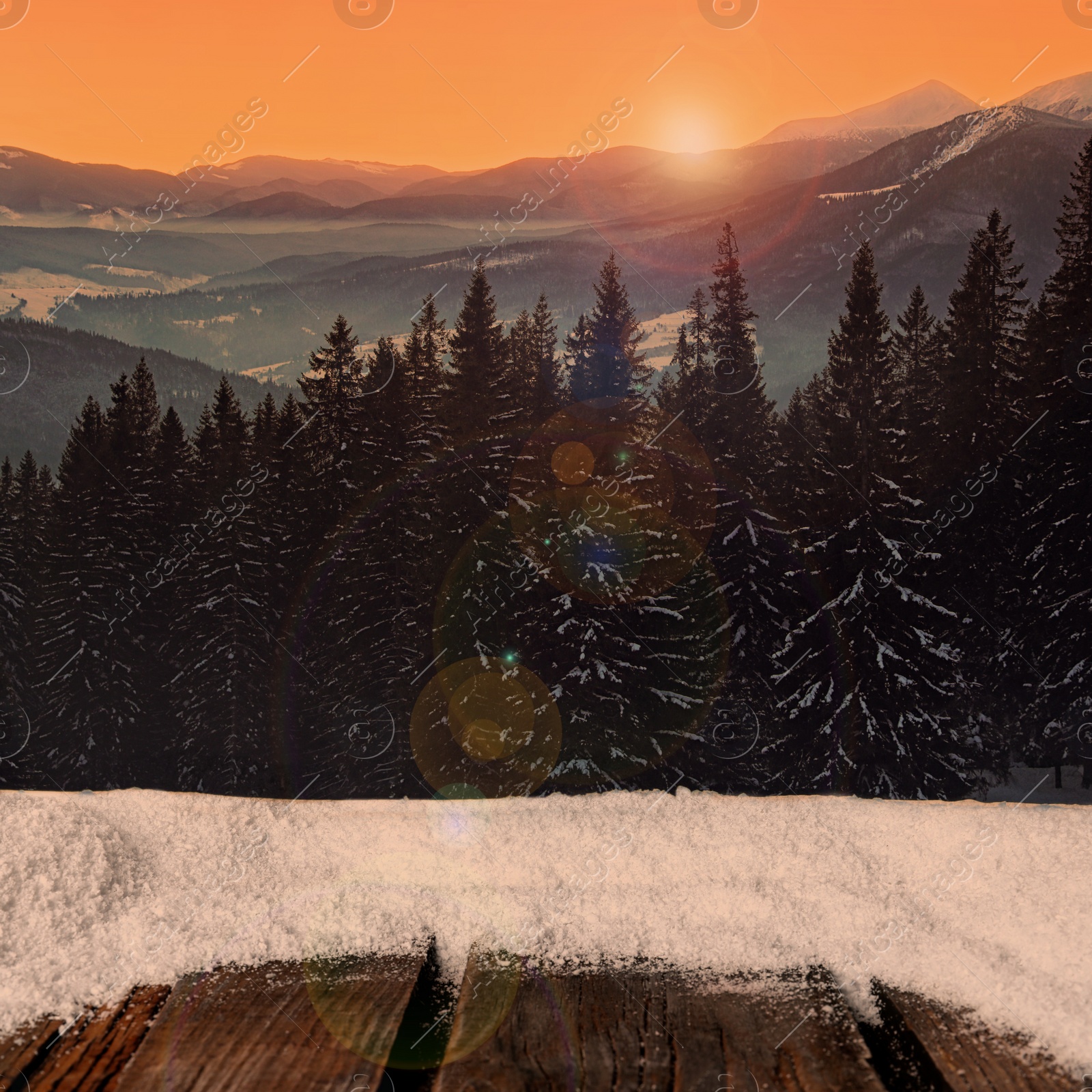 Image of Wooden surface and beautiful view of winter landscape 