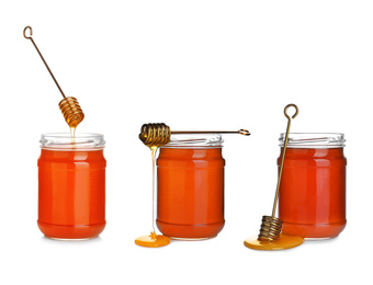 Set of organic delicious honey on white background