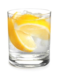 Soda water with lemon slices and ice cubes isolated on white