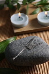 Photo of Stone with acupuncture needles on bamboo mat