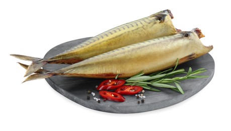 Photo of Delicious smoked mackerels, chili pepper and rosemary isolated on white