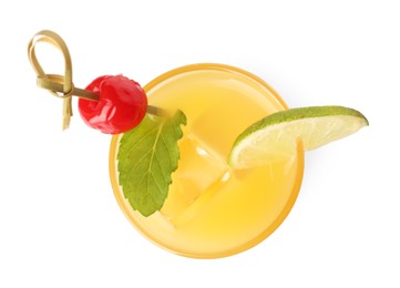 Photo of Tasty pineapple cocktail with cherry and lime isolated on white, top view