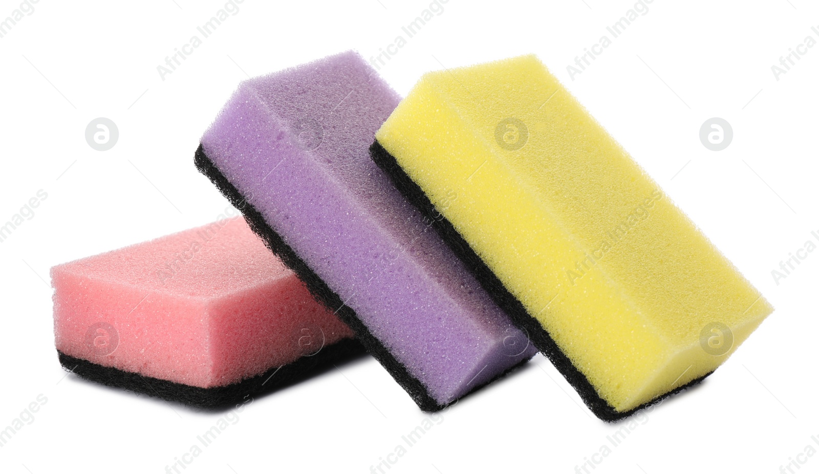 Photo of Bright cleaning sponges with abrasive scourers on white background