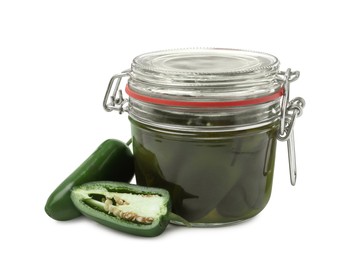 Fresh and pickled green jalapeno peppers on white background