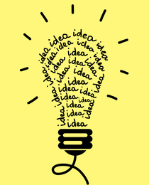 Idea concept. Creative illustration of light bulb on yellow background