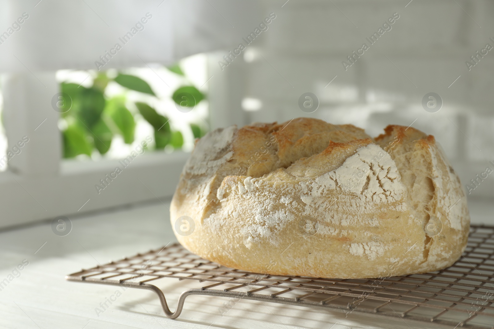 Photo of Freshly baked sourdough bread on white wooden table indoors. Space for text