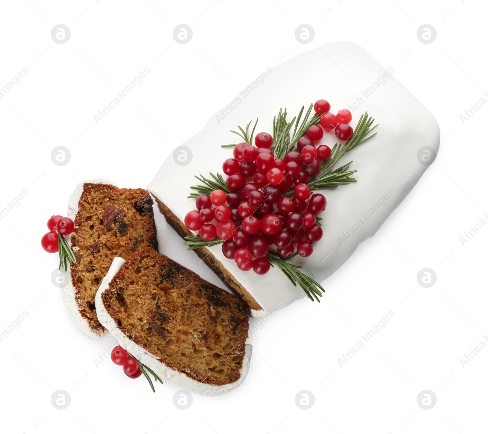 Photo of Traditional Christmas cake with cranberries and icing isolated on white, top view. Classic recipe