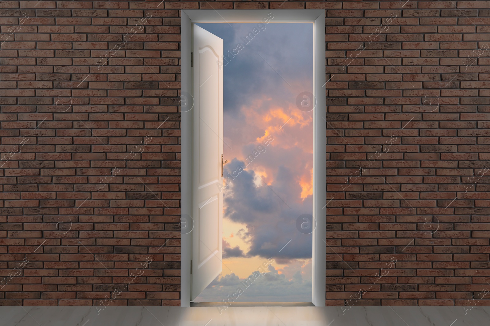 Image of Beautiful sunset sky visible through open door