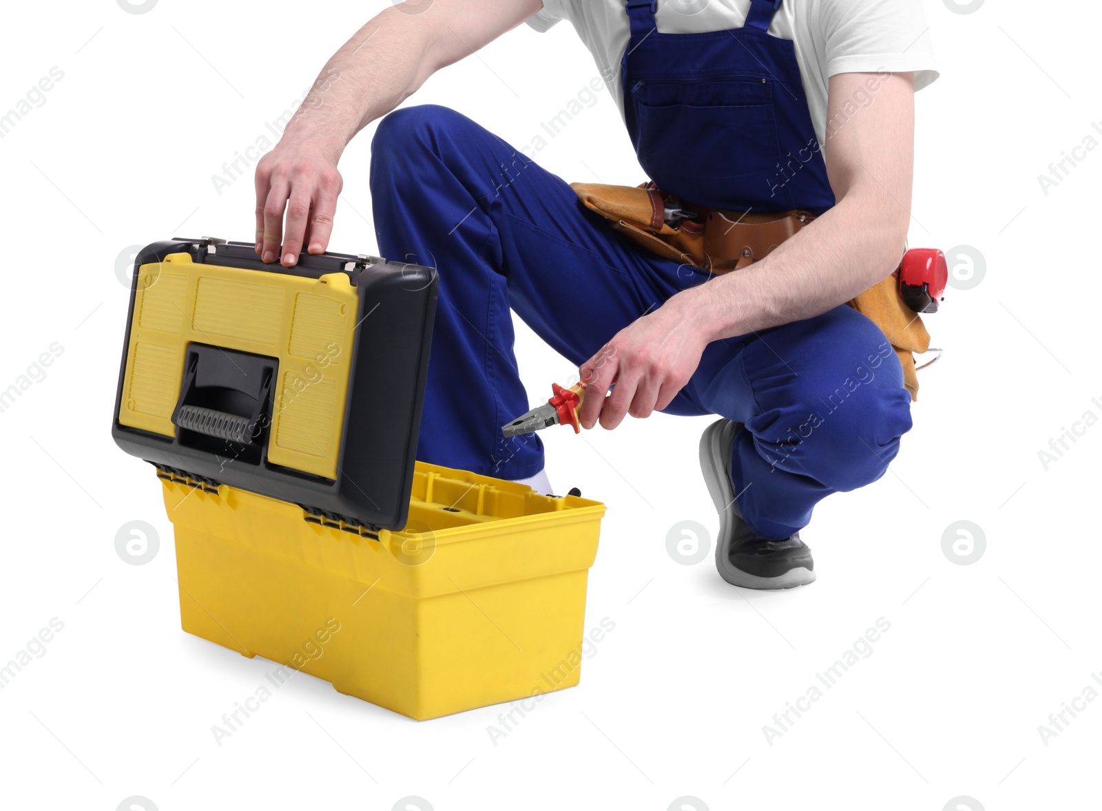 Photo of Professional repairman with tool box on white background