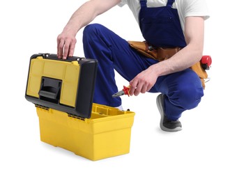 Photo of Professional repairman with tool box on white background