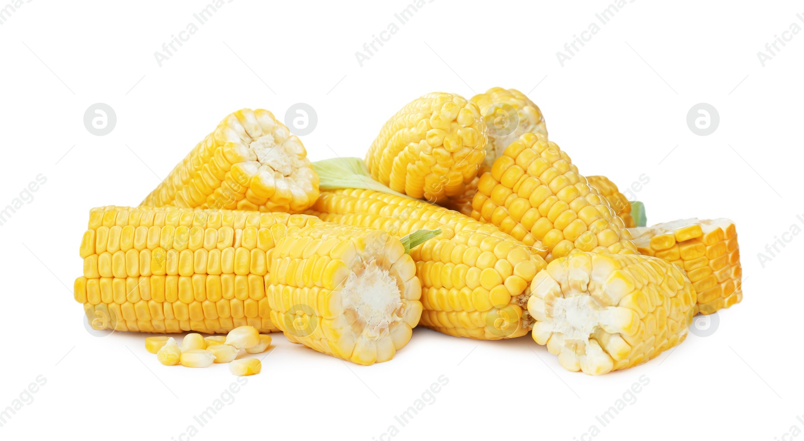 Photo of Many fresh corncobs with grains on white background