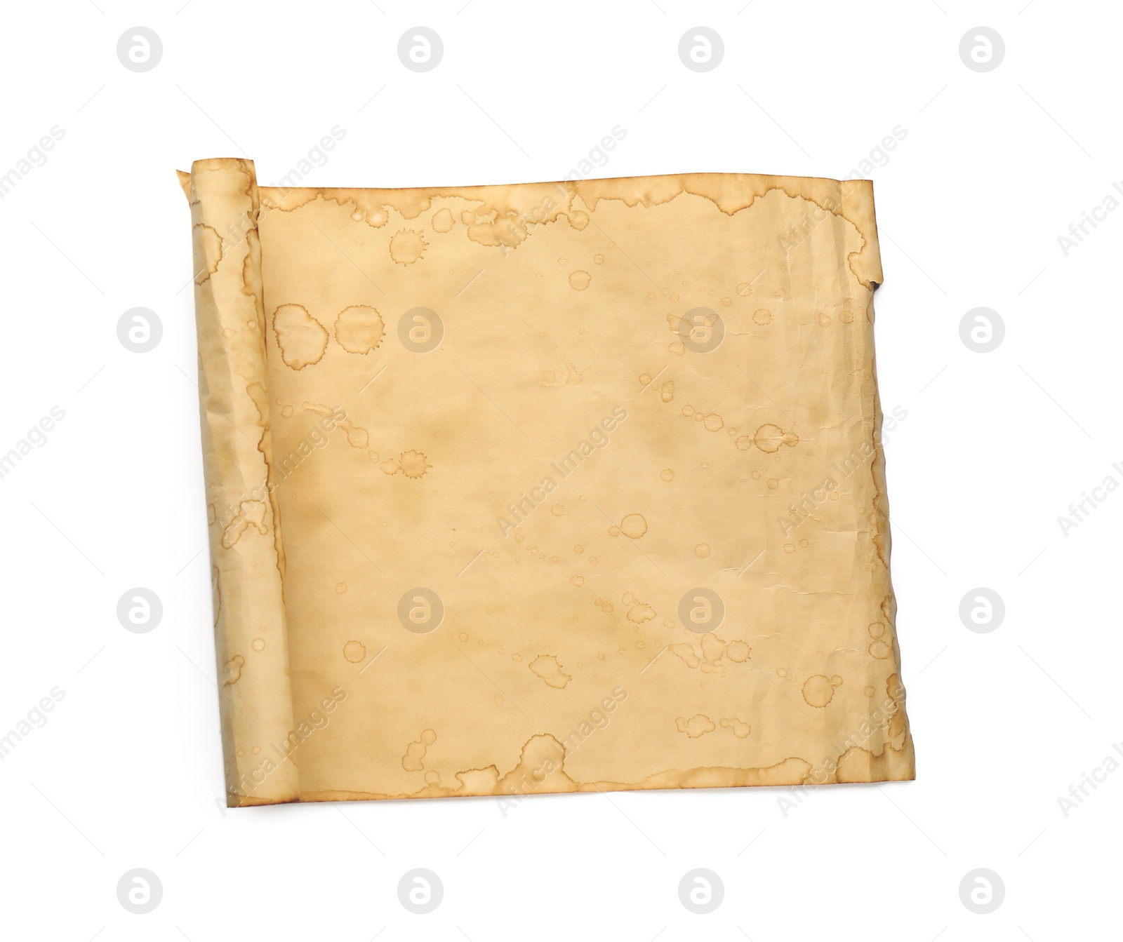 Photo of Sheet of old parchment paper isolated on white, top view. Space for design