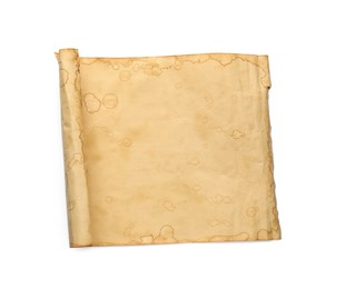 Photo of Sheet of old parchment paper isolated on white, top view. Space for design