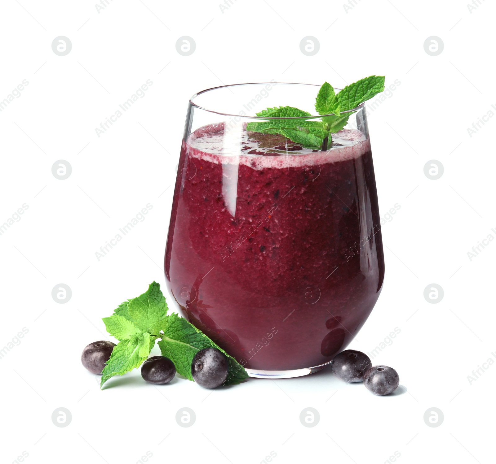 Photo of Glass with delicious acai smoothie on white background