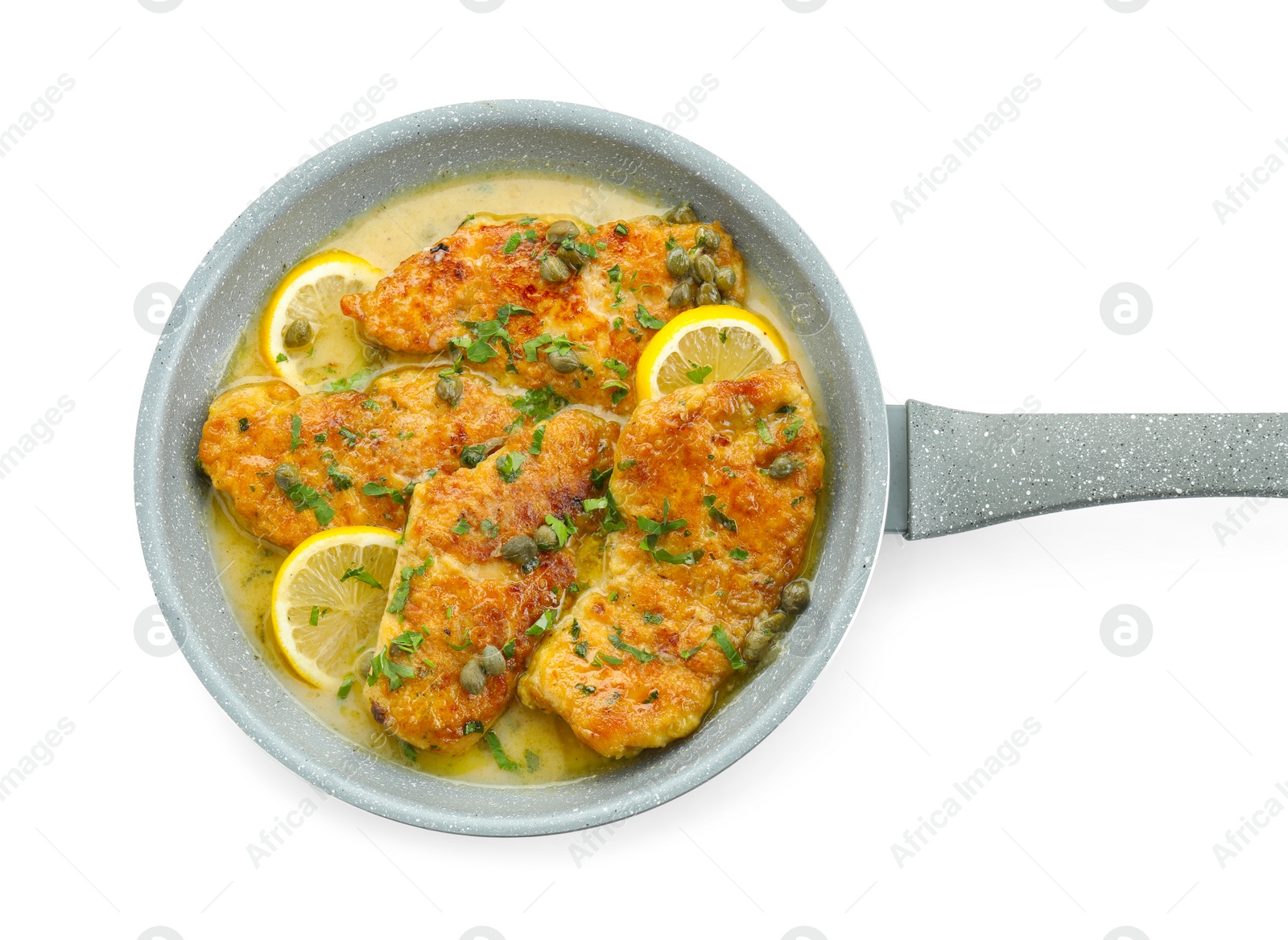 Photo of Delicious chicken piccata with herbs isolated on white, top view