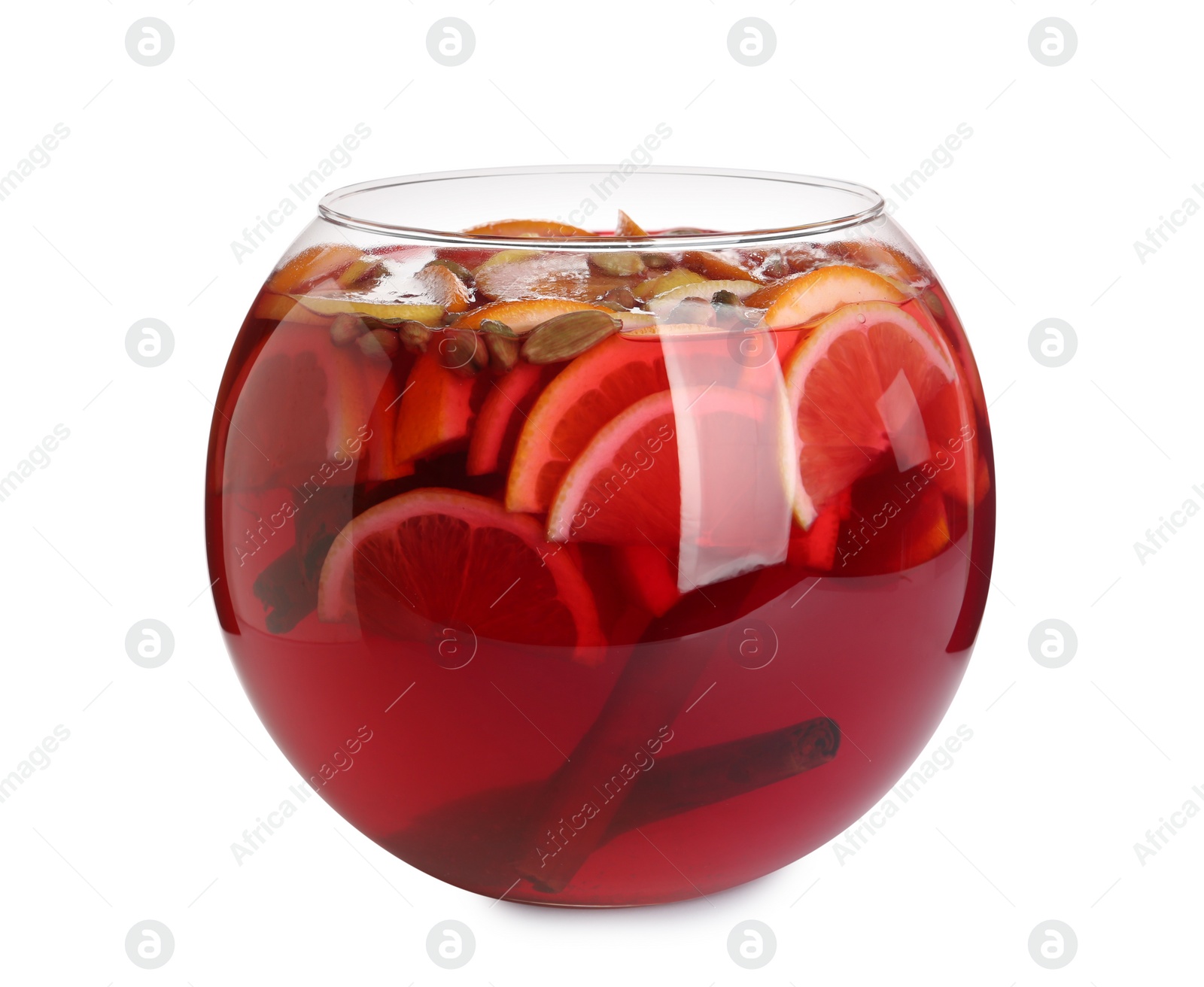 Photo of Glass bowl of aromatic punch drink isolated on white