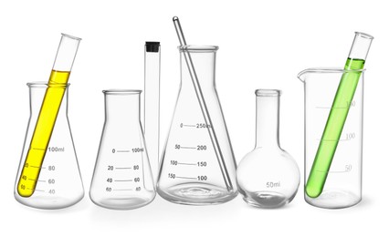 Set of different laboratory glassware isolated on white