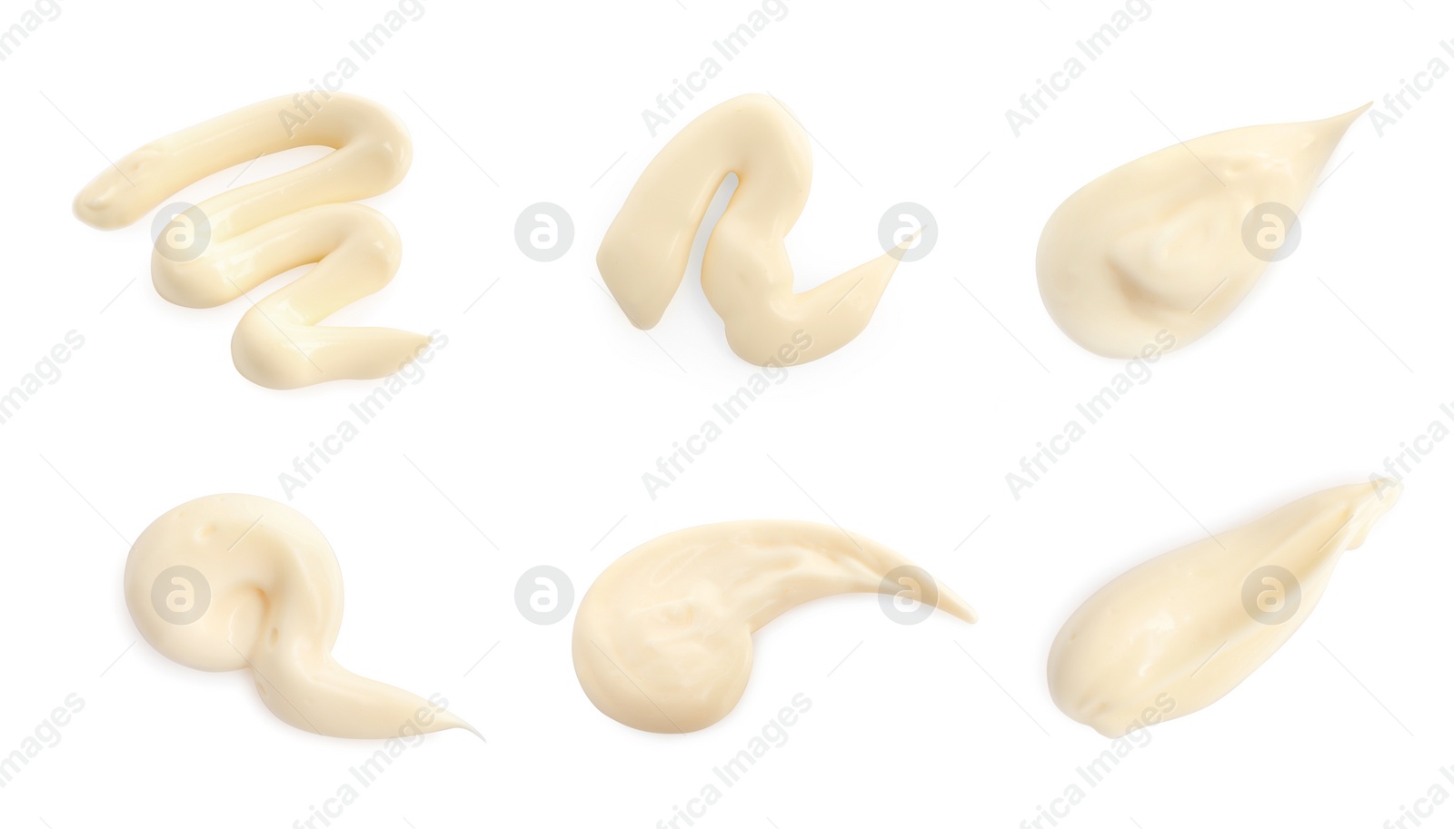 Image of Set with tasty mayonnaise on white background, top view