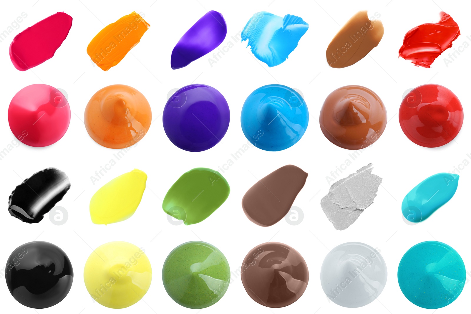 Image of Set with paint samples of different colors isolated on white, top view