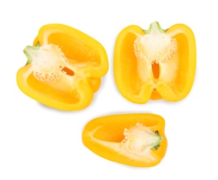 Photo of Cut yellow bell peppers isolated on white, top view