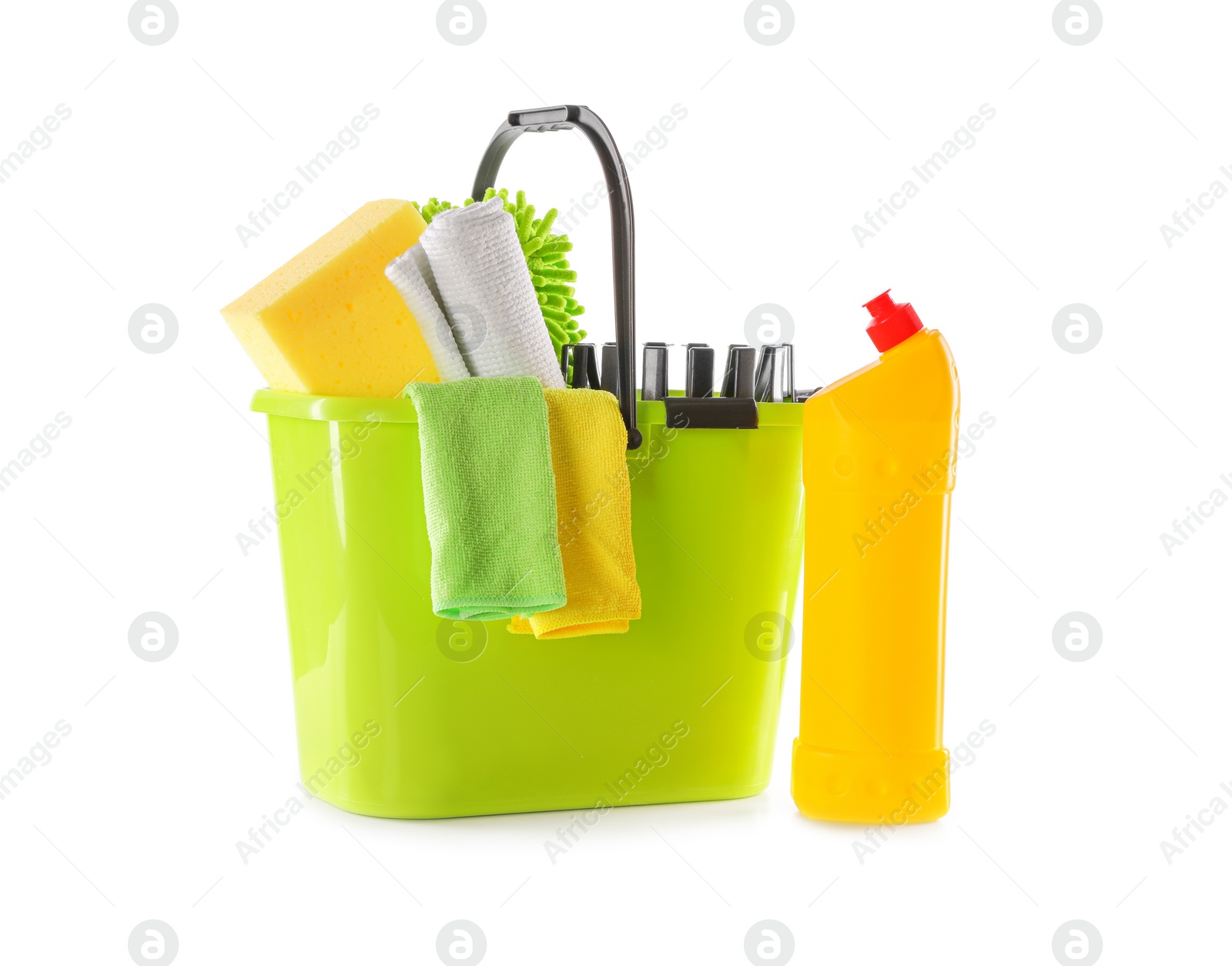 Photo of Plastic bucket with different cleaning supplies isolated on white