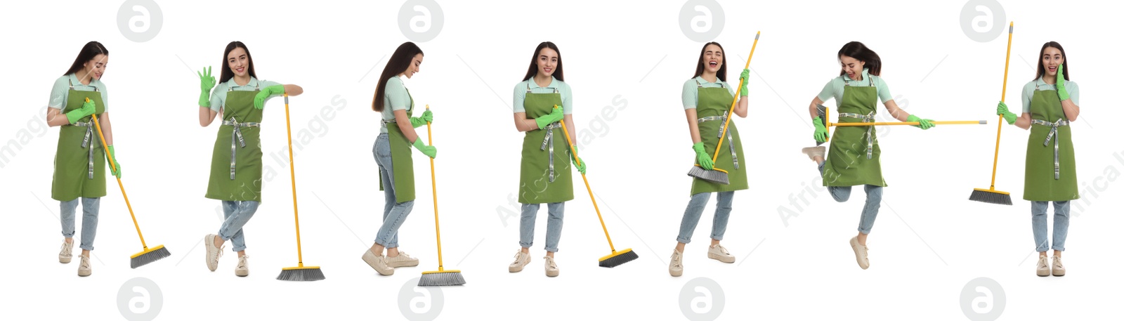 Image of Collage with photos of beautiful young woman with broom on white background. Banner design