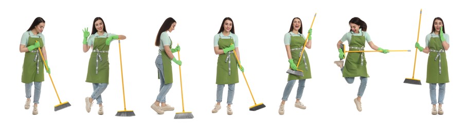 Image of Collage with photos of beautiful young woman with broom on white background. Banner design