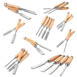 Image of Set with modern chisels on white background. Carpenter's tools