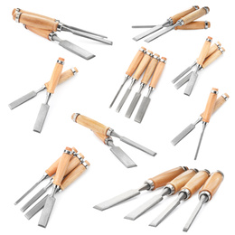 Set with modern chisels on white background. Carpenter's tools