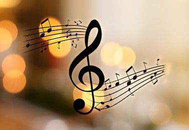 Image of Music notes on blurred background, bokeh effect