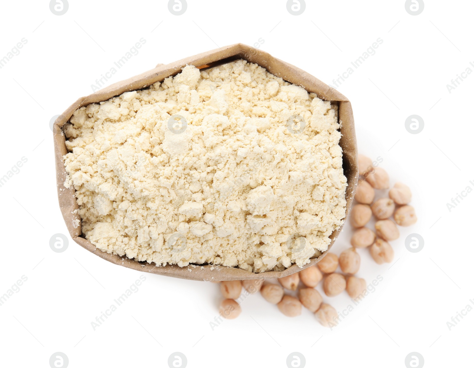 Photo of Chickpea flour in paper bag and seeds isolated on white, top view