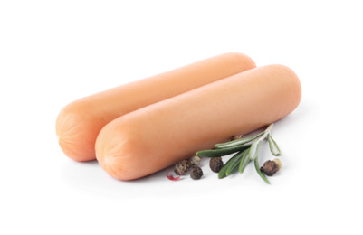 Photo of Tasty sausages on white background. Meat product