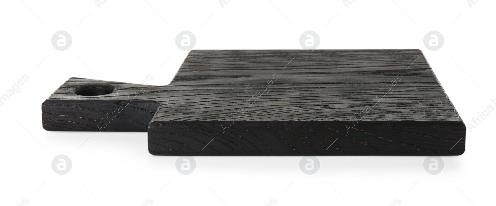 Photo of Black wooden cutting board isolated on white