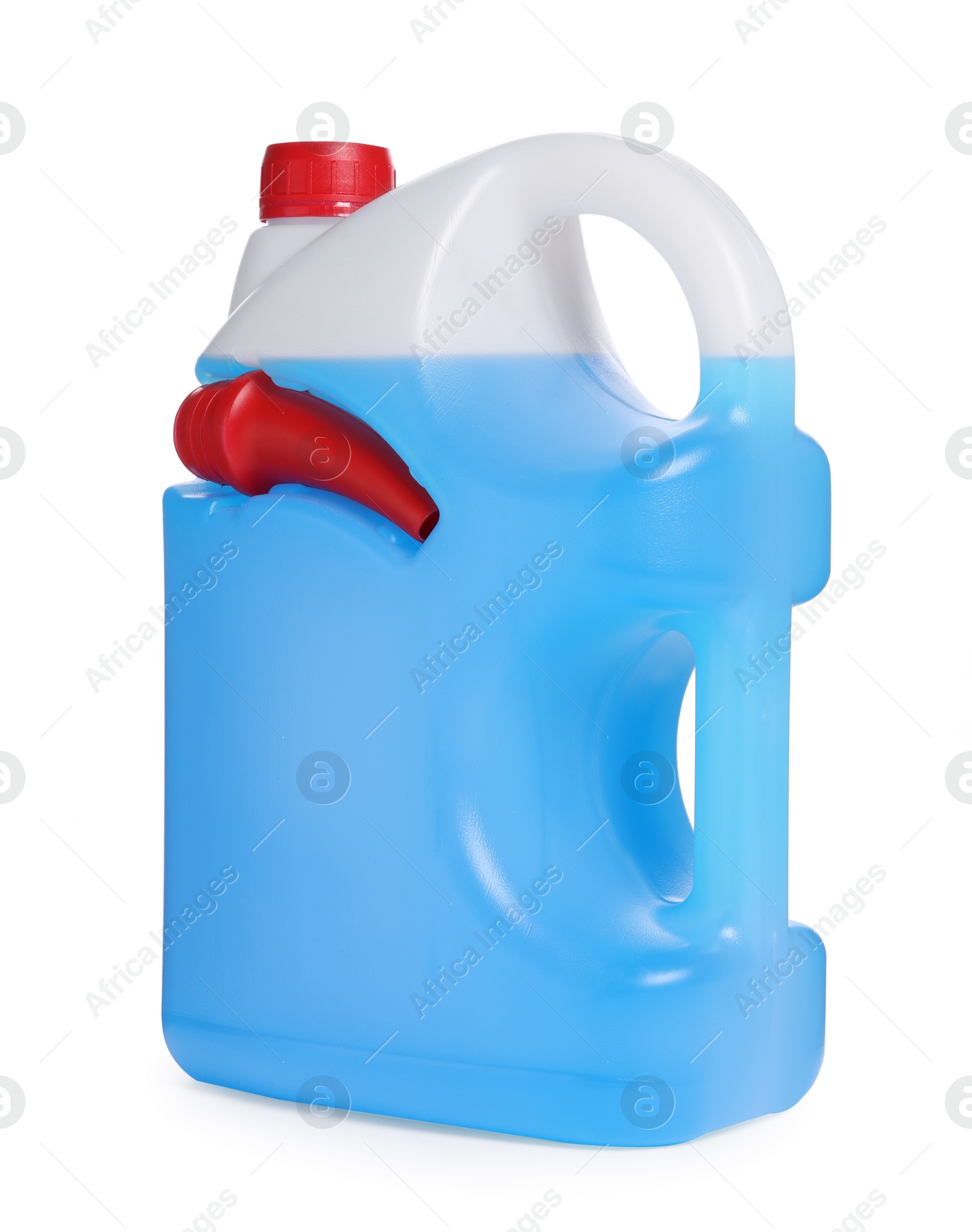 Photo of Plastic canister with blue liquid isolated on white