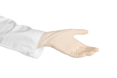 Photo of Doctor in medical glove on white background