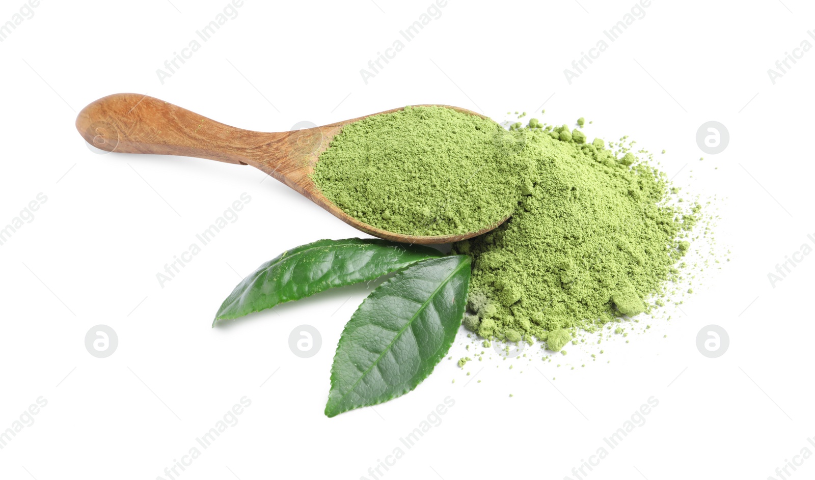 Photo of Wooden spoon with green matcha powder and leaves isolated on white