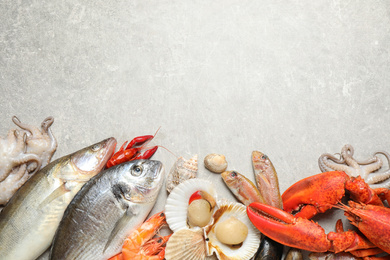 Fresh fish and different seafood on light grey table, flat lay. Space for text